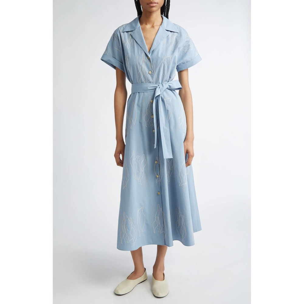 Lafayette 148 Gestures Embroidered Cotton Belted Shirtdress $1498 Size Medium